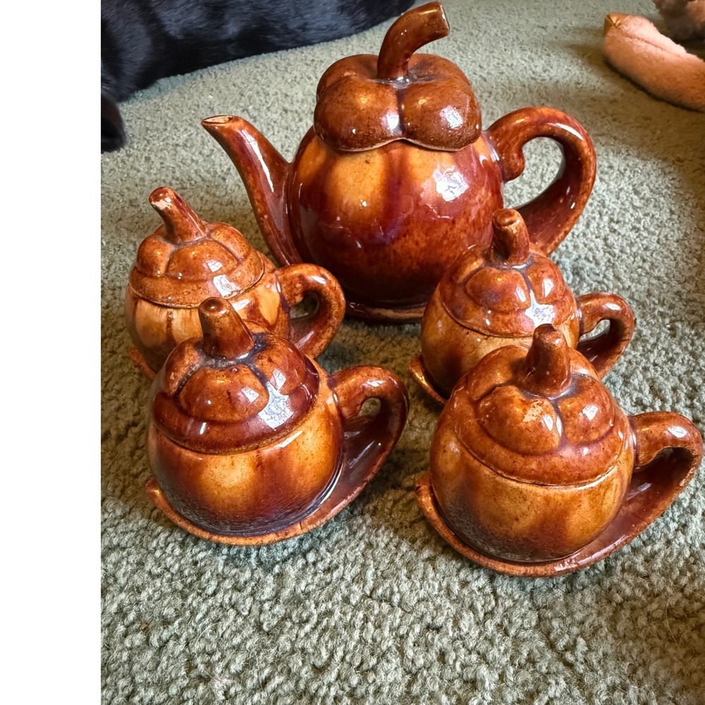 Vintage Brown Drip Glaze Pumpkin Tea Set Teapot and 4 Lidded Cups Fall Decor